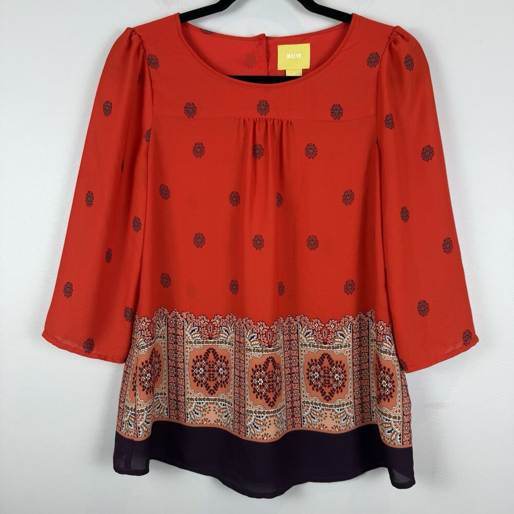 Maeve Anthropologie Rila Top Womens 6‎ Red Floral Border Boho 3/4 Sleeve Blouse